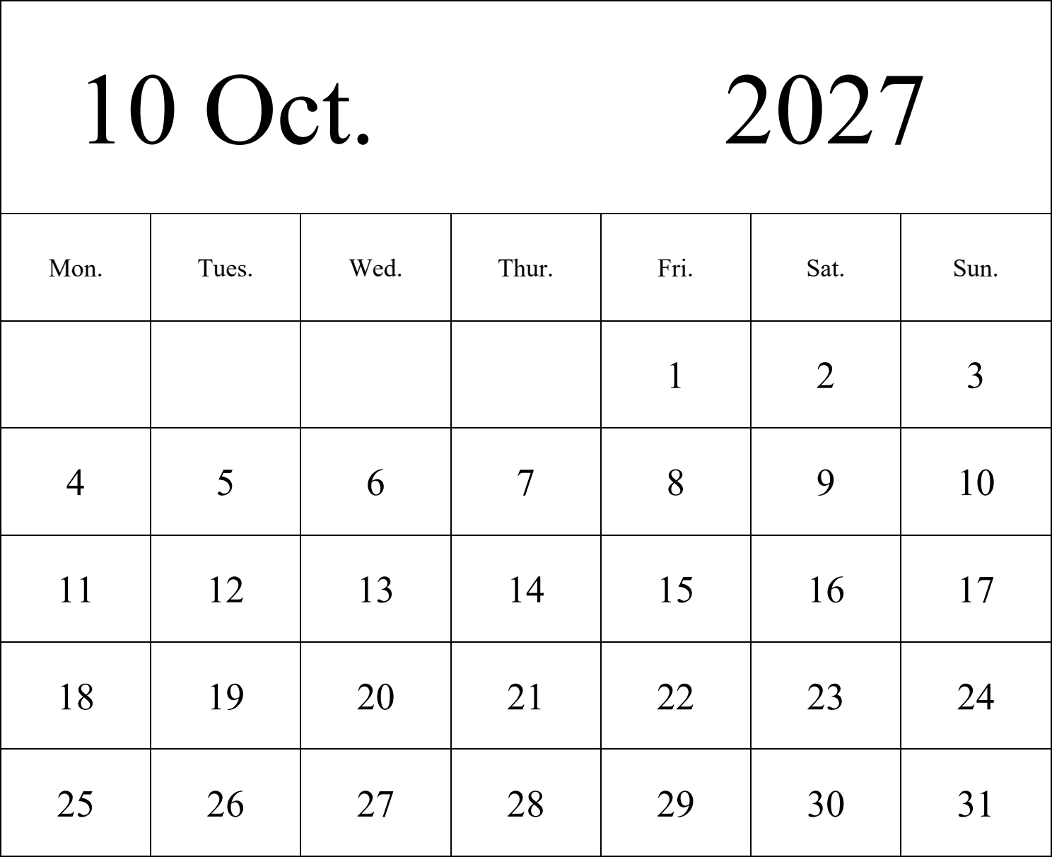 日历表2027年日历 英文版 纵向排版 周一开始